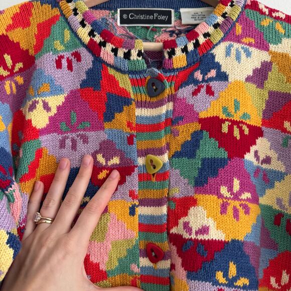 CHRISTINE FOLEY VTG Geometric Red Cardigan Sweater Size Medium - Picture 4 of 5